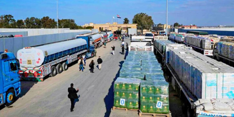 قوافل الإغاثة المصرية تواصل عبورها نحو غزة عبر معبر كرم أبو سالم